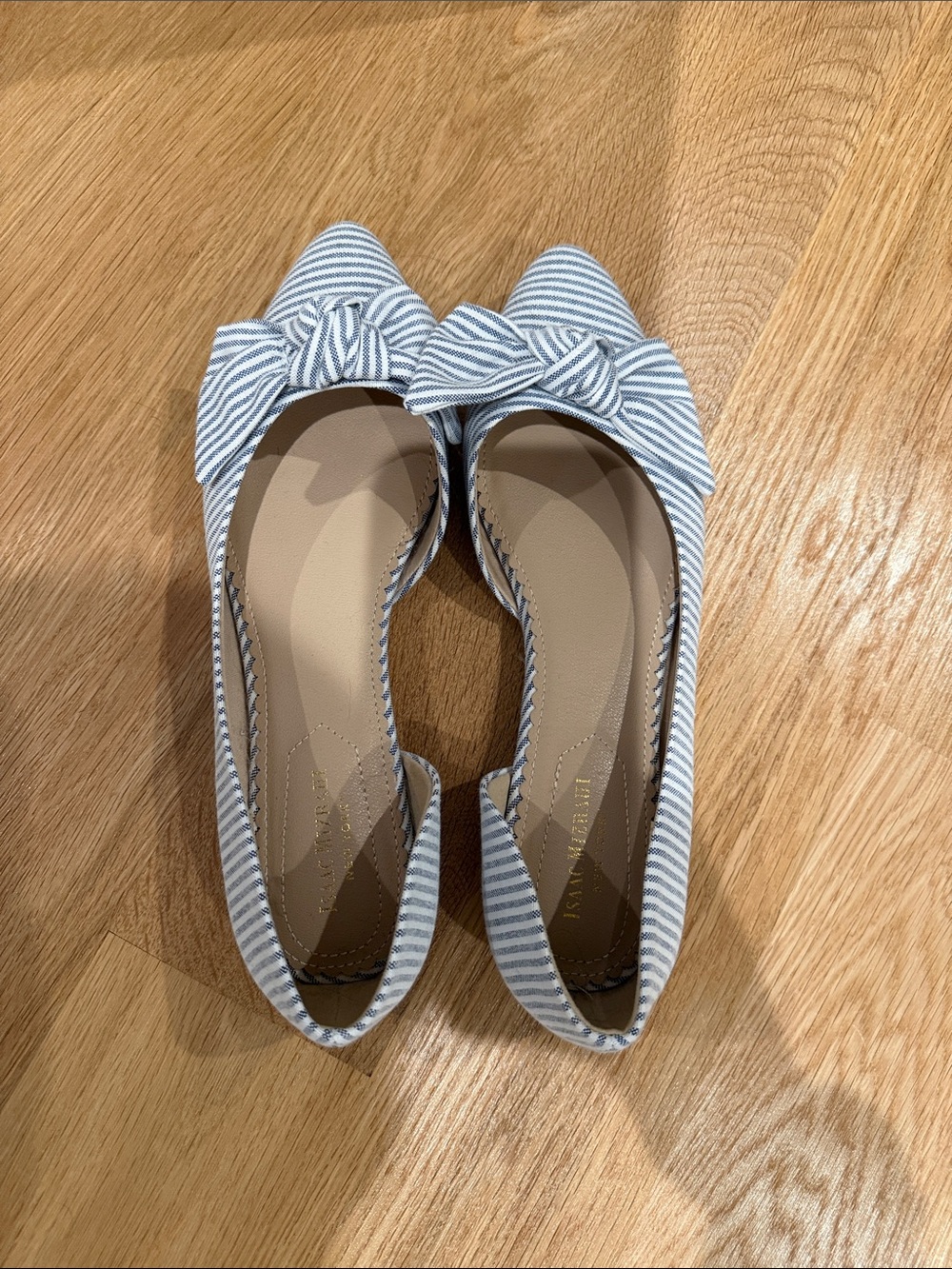 Striped Bow Pointed Toe Flats - Light Blue/White